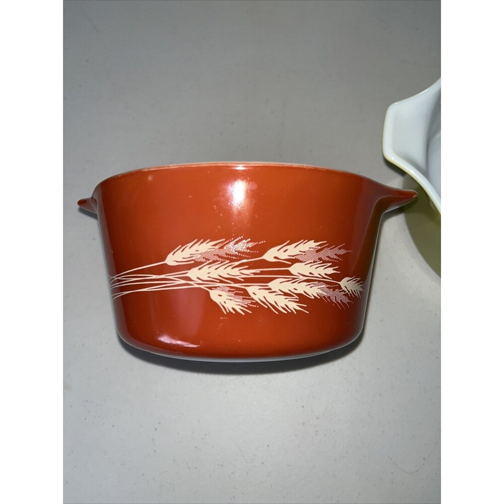Pyrex Harvest Wheat Orange Gold & AvocadoBowl Casserole Dish Handles USA Set 2